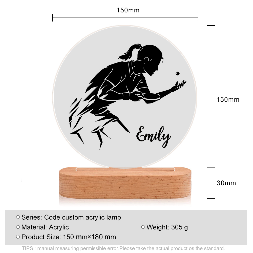 Lámpara Ilusión 3D Luz de Noche LED Silueta de Chica con Ping-pong con Nombre Personalizado