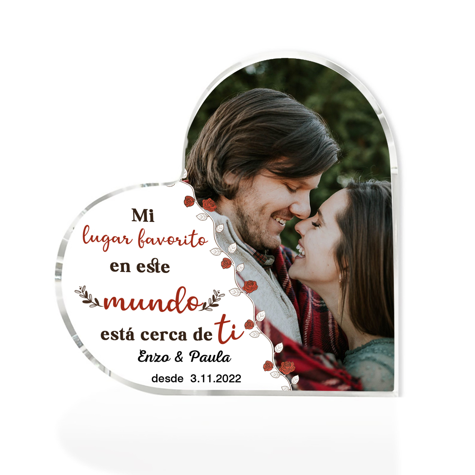 Placa de acrílico en forma de corazón con foto y 2 textos personalizados-Jessemade ES