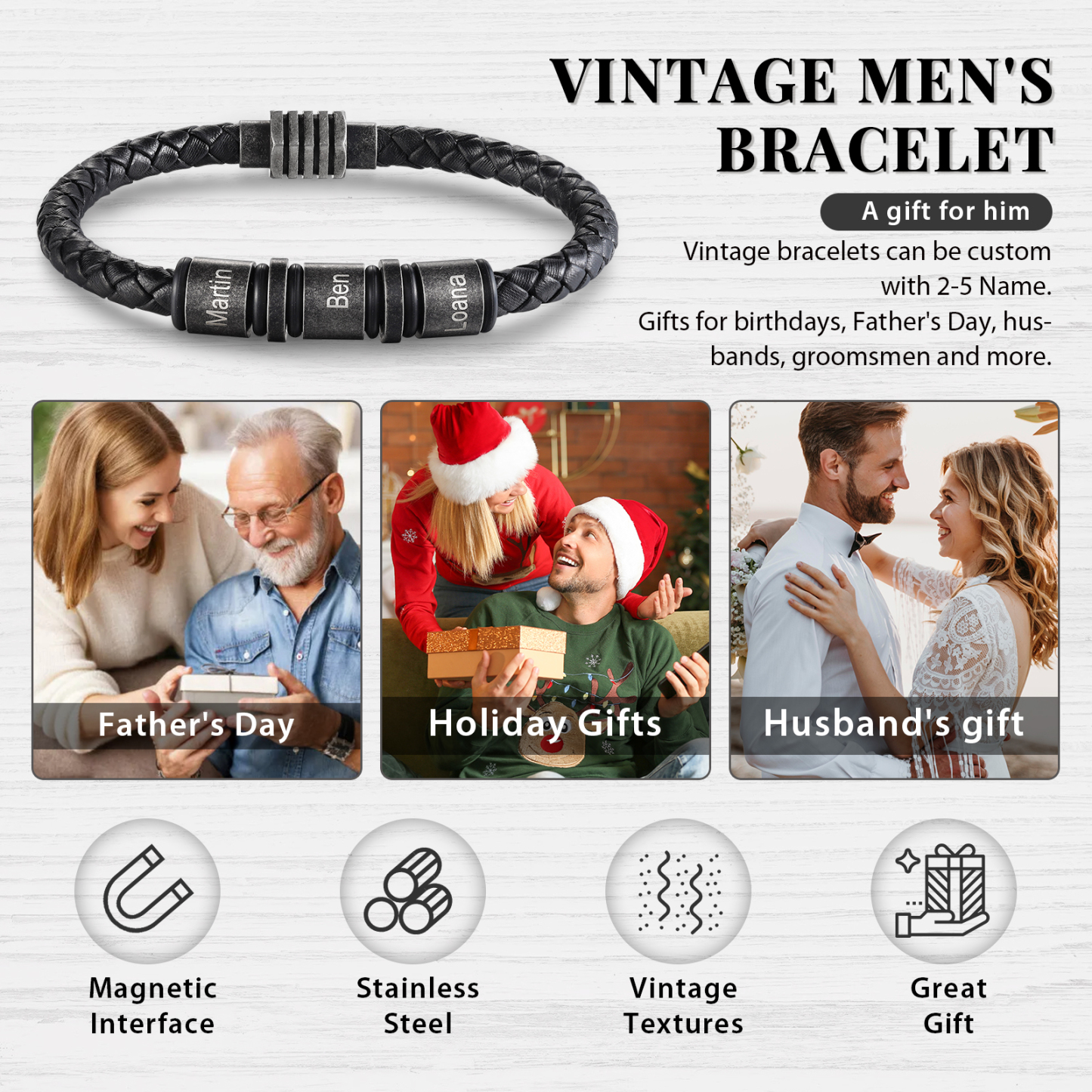 Pulsera de cuero trenzado con 3 aros 3 nombres personalizados pulsera de hombre -Jessemade ES