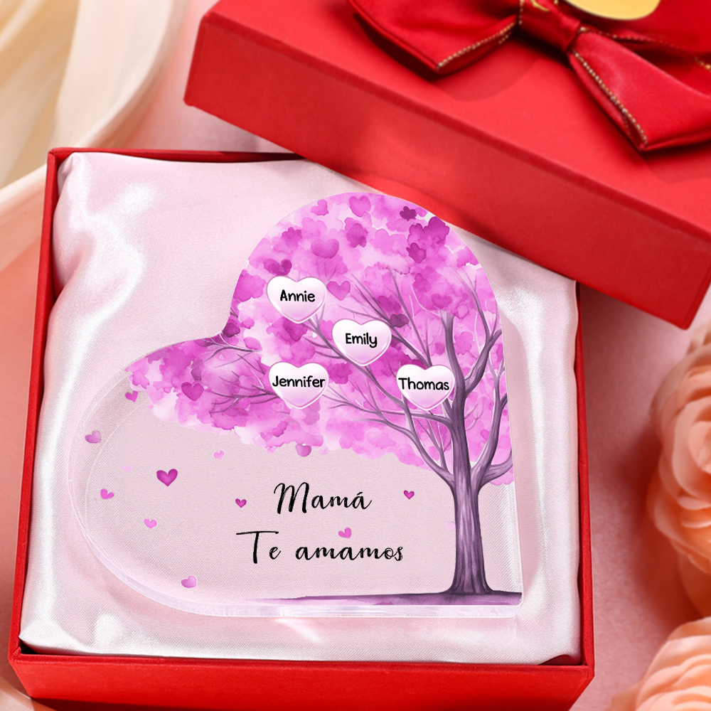 A mi mamá/abuela-Placa de acrílico "Árbol" en forma de corazón 4 nombres y 1 texto personalizados-Jessemade ES