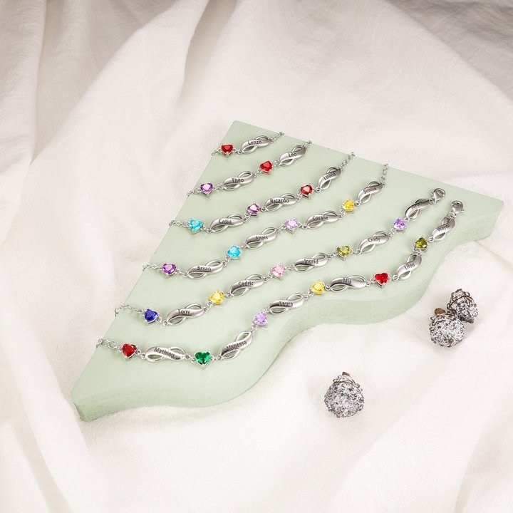 Pulsera "infinito" personalizada con 4 nombres y 4 piedras de nacimiento de corazón-Jessemade ES