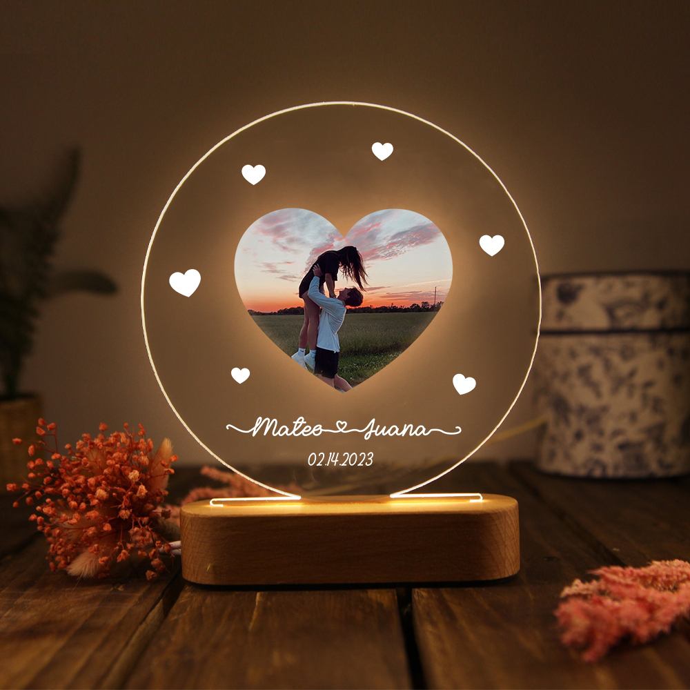 Lámpara para pareja 3D Ilusión Luz de Noche LED 2 nombres, fecha y foto personalizados -Jessemade ES