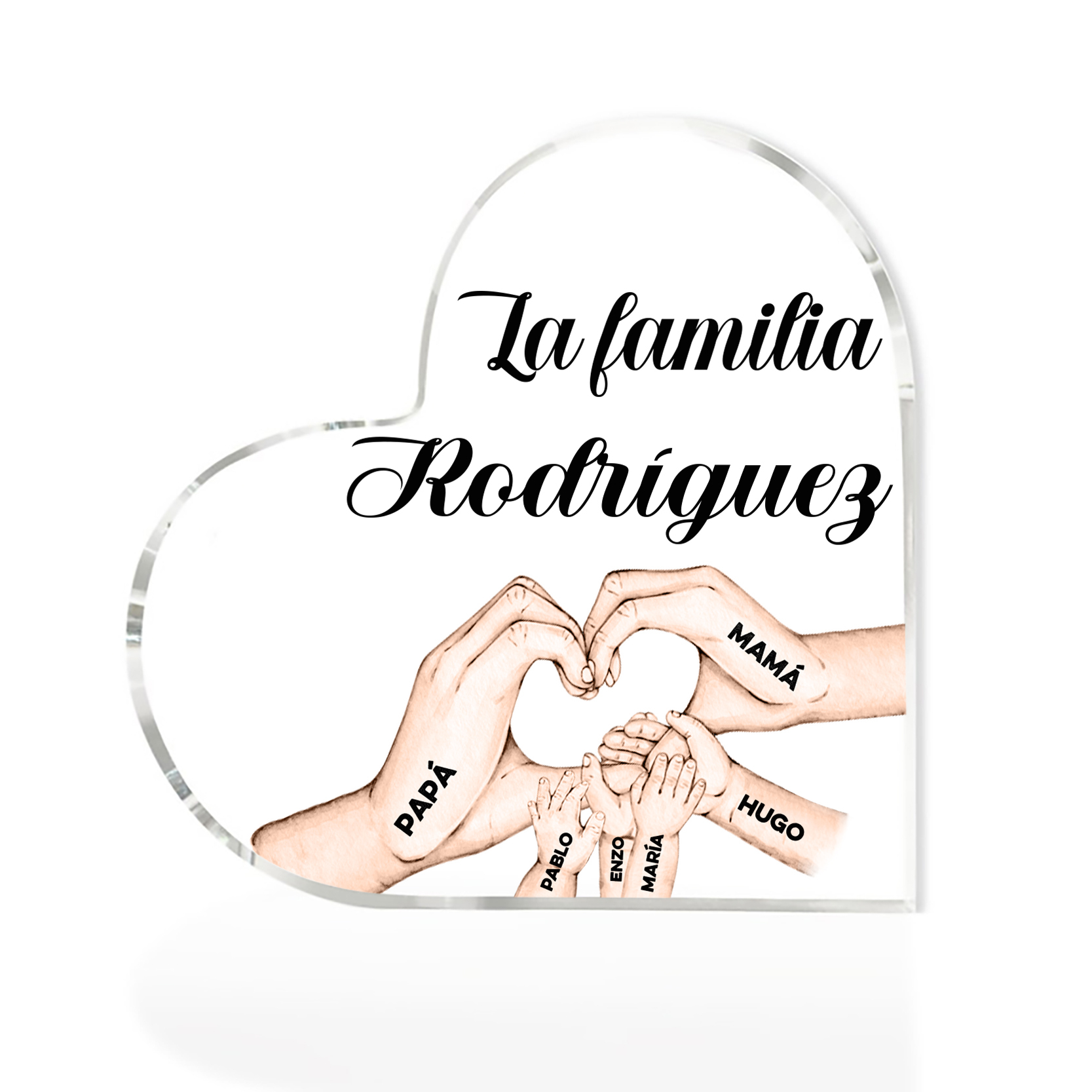 Placa de acrílico en forma de corazón mano a mano con 1 texto y 6 nombres personalizados-Jessemade ES