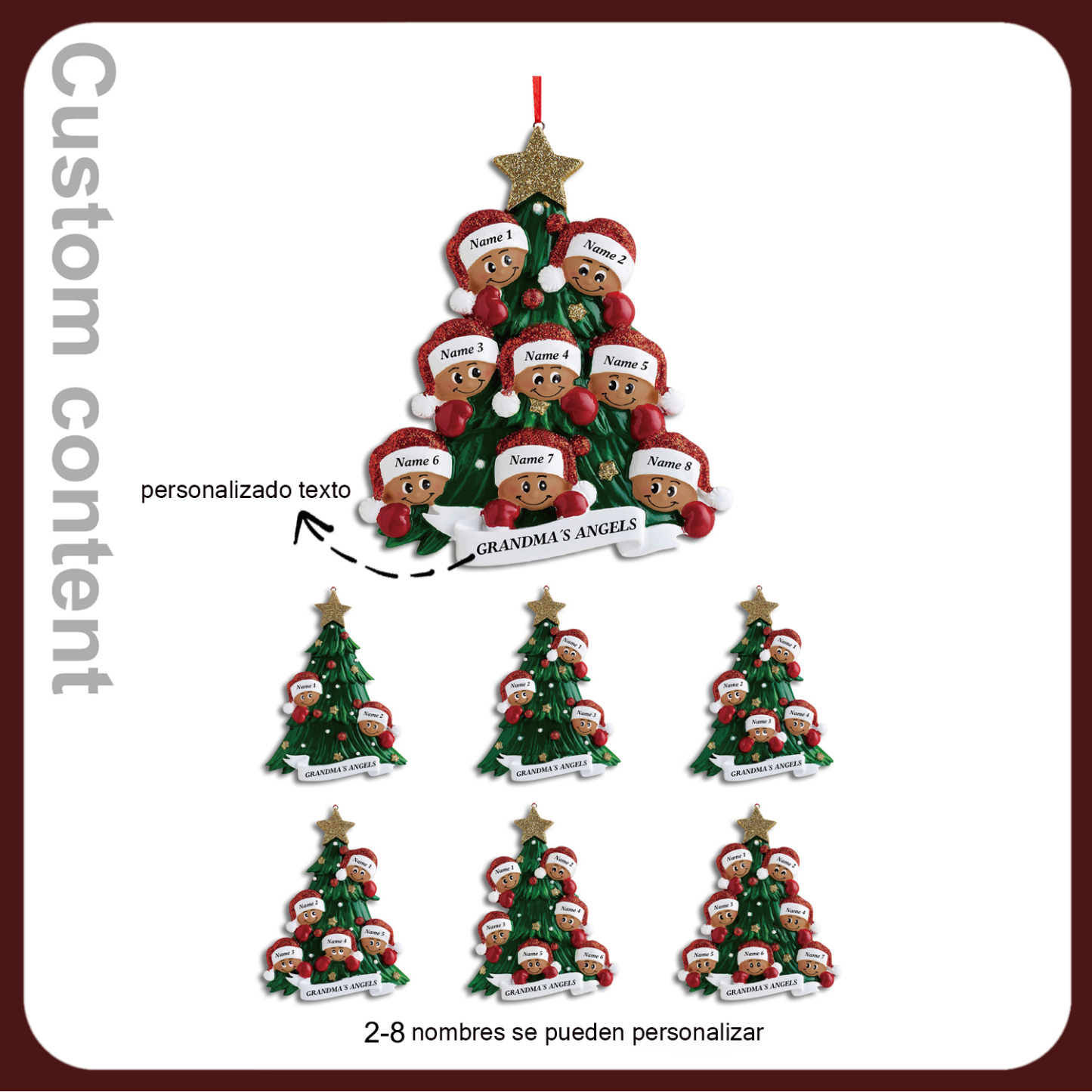 Navidad-Muñecos Piel Bronceada Ornamentos Navideños 2 nombres personalizados con texto Adorno de Madera