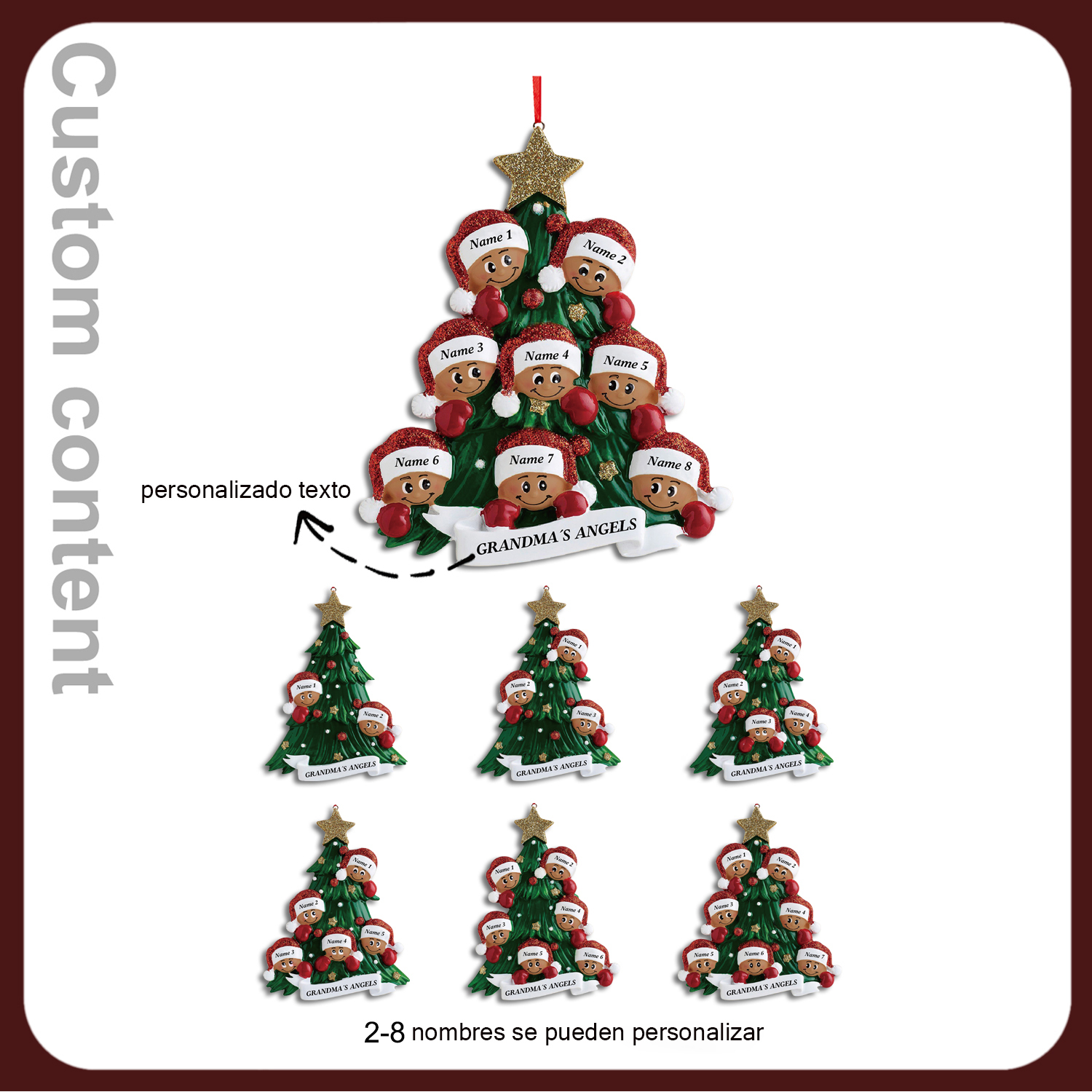 Navidad-Muñecos Piel Bronceada Ornamentos Navideños 6 nombres personalizados con texto Adorno de Madera