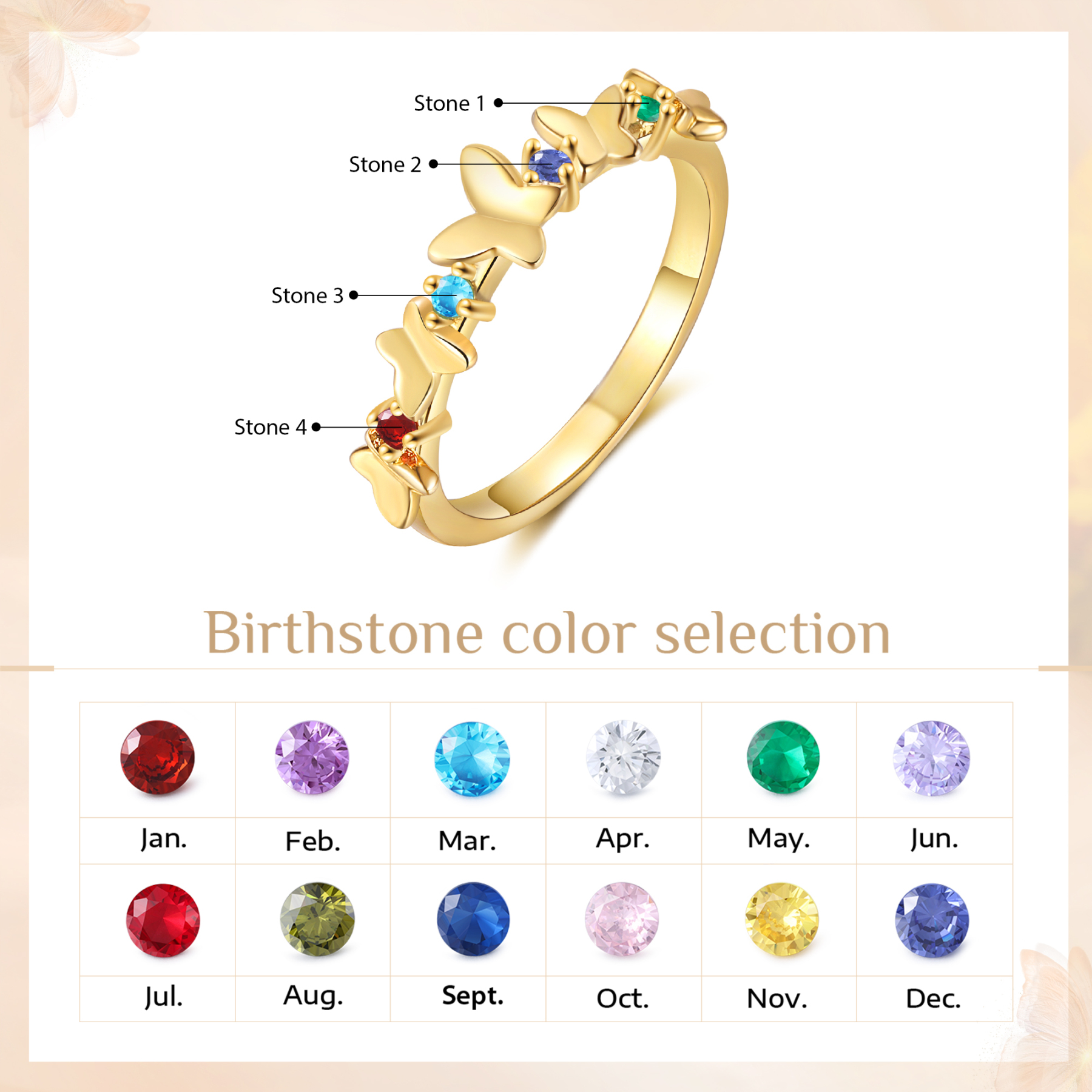 Anillo de mariposa personalizado con 4 piedras de nacimiento anillo familia-Jessemade ES
