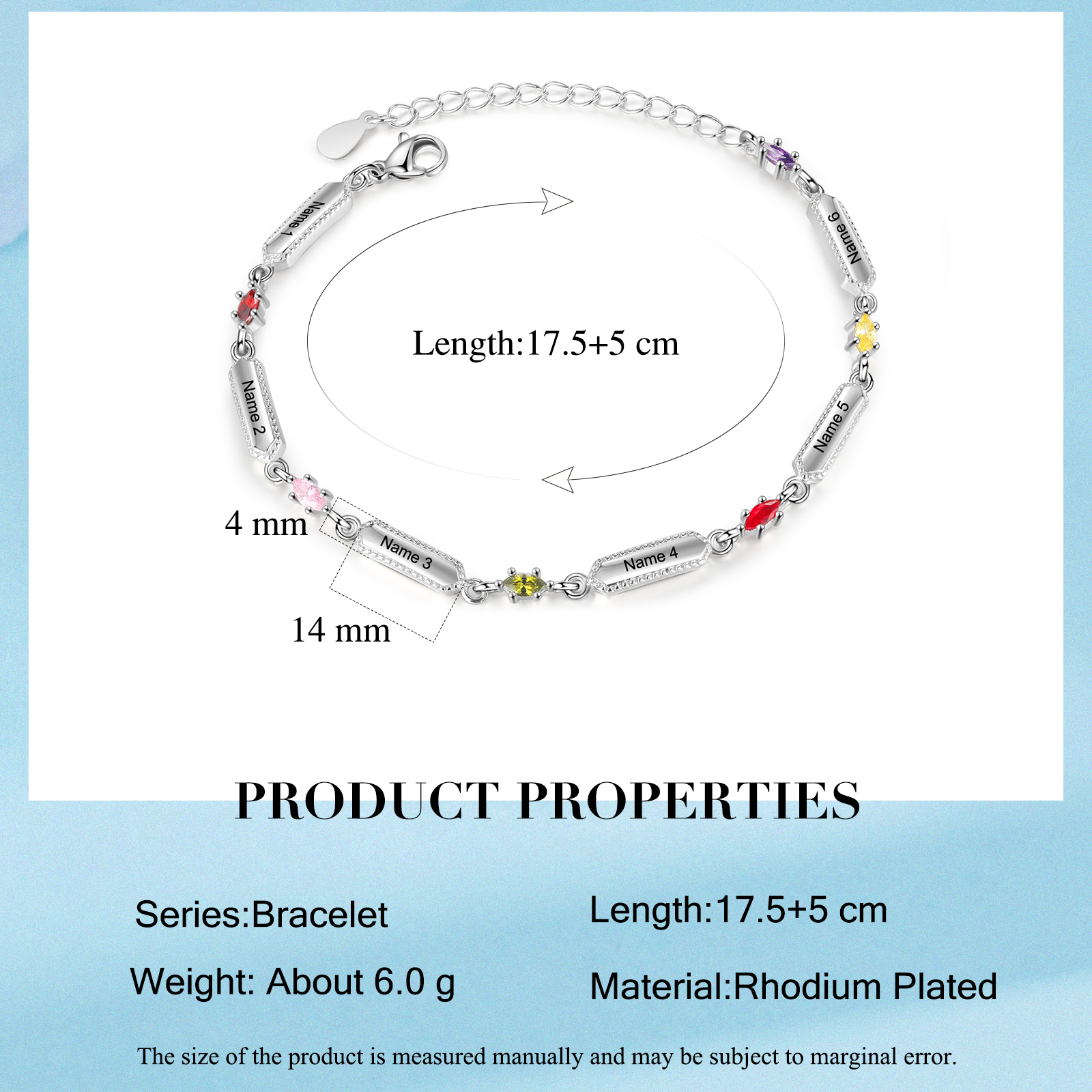 Pulsera infinito para mujer y placa personalizada con 6 nombres y 6 piedras de nacimiento-Jessemade ES