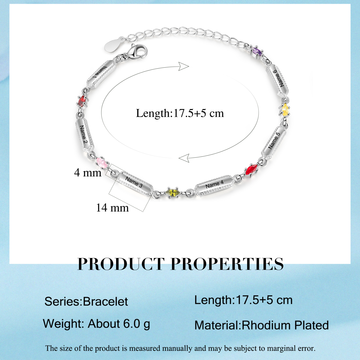 Pulsera infinito para mujer y placa personalizada con 6 nombres y 6 piedras de nacimiento-Jessemade ES