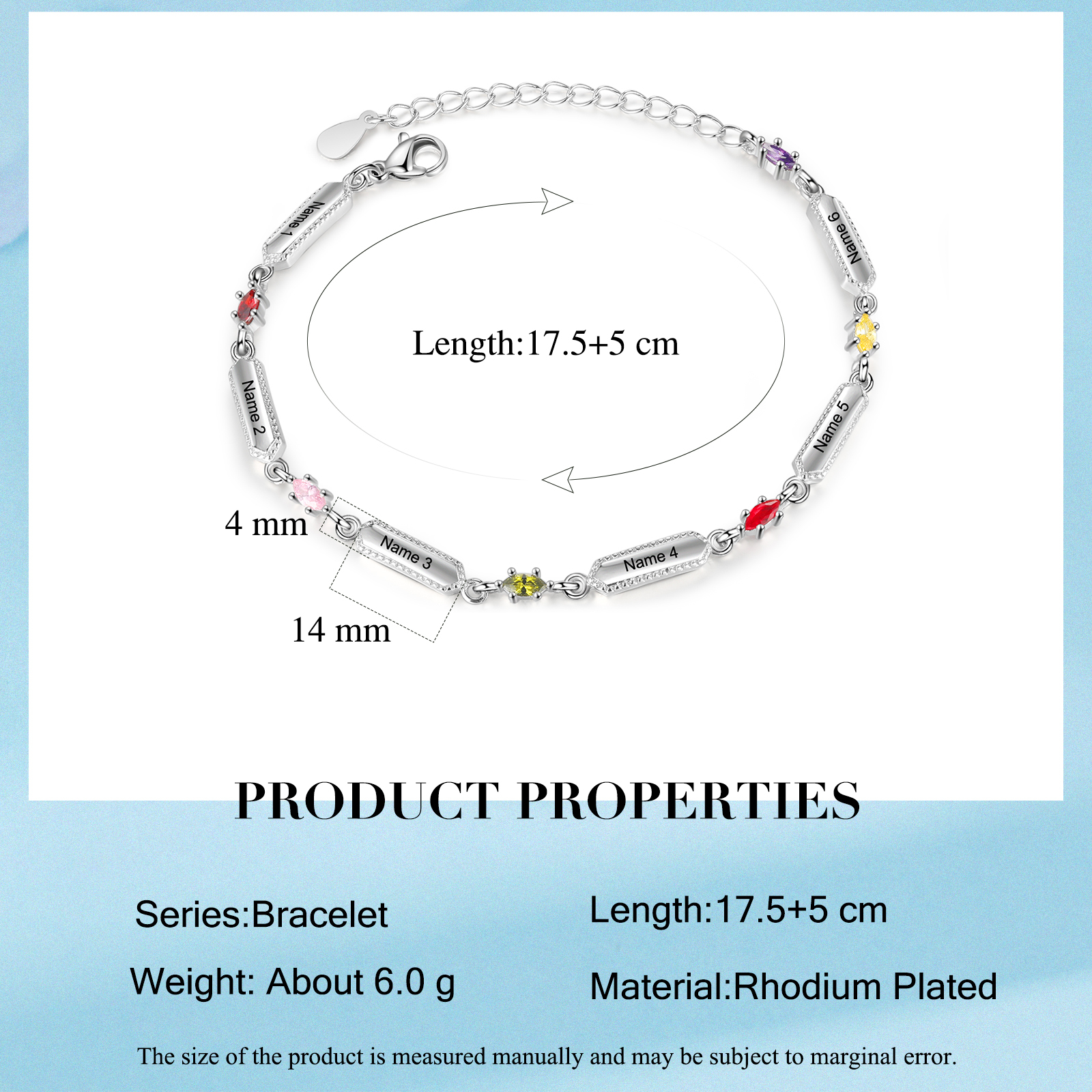 Pulsera infinito para mujer y placa personalizada con 6 nombres y 6 piedras de nacimiento-Jessemade ES