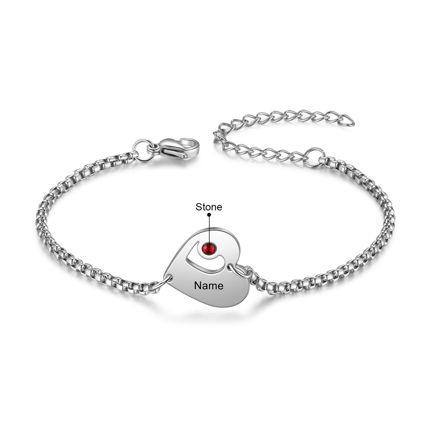 Pulsera de corazón personalizada con 1 nombre y 1 piedra de nacimiento-Jessemade ES