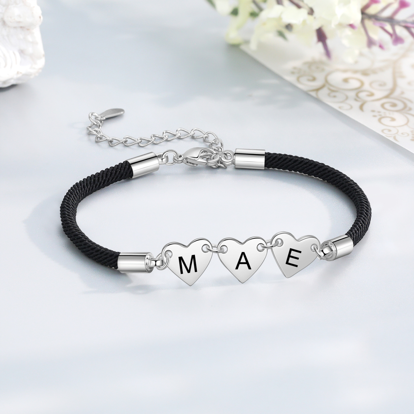 Pulsera de cuerda con dije de corazón 1-4 letras personalizadas-Jessemade ES