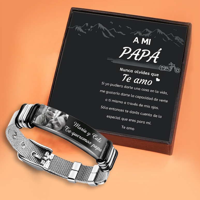 A mi papá-Pulsera de cadena personalizada con 2 textos y 1 foto-Jessemade ES