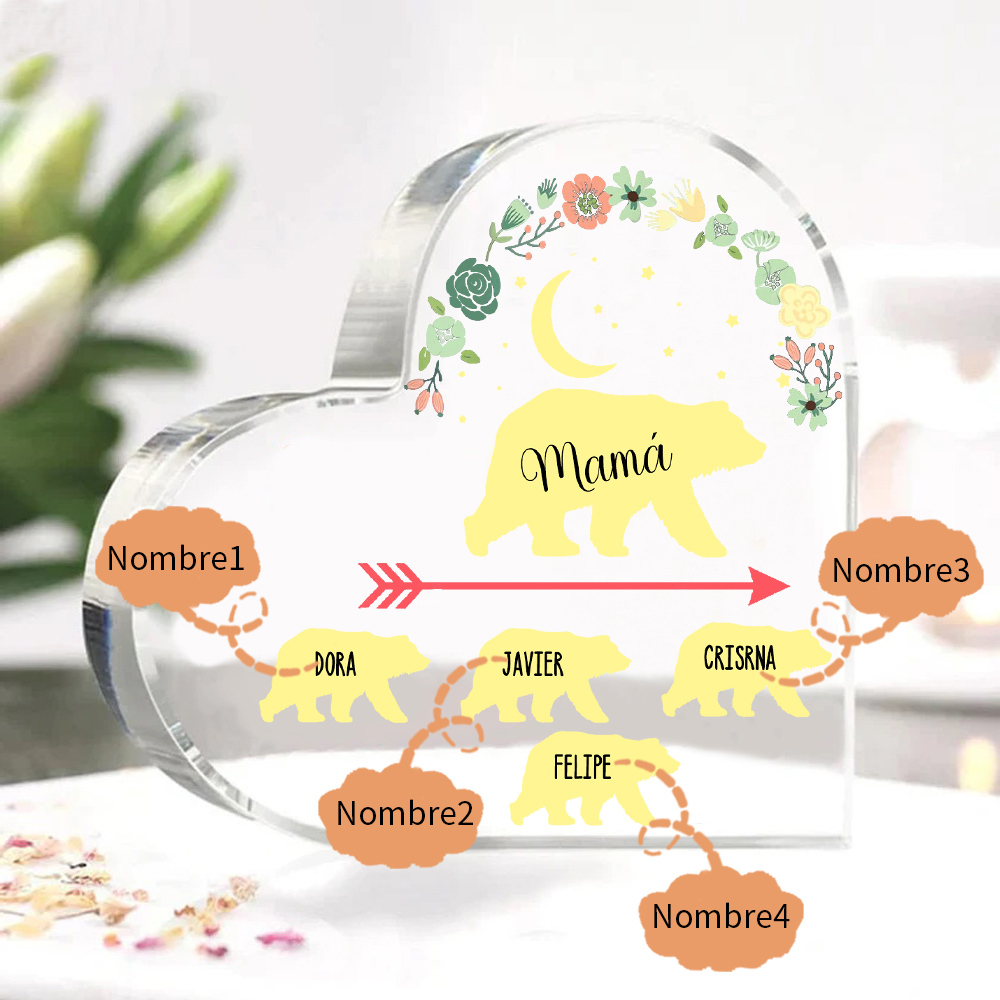 A mi mamá-Placa de acrílico en forma de corazón osos 1-6 nombres personalizados-Jessemade ES