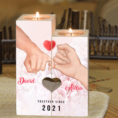 Candelero de dedos cogidos para pareja de madera de dos piezas sin candela con 2 nombres y texto personalizados y año-Jessemade ES