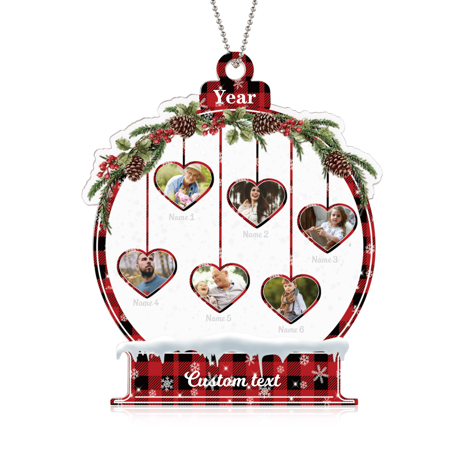 Navidad-Ornamento navideño de acrílico bola de cristal con 6 nombres, 6 fotos y 1 texto personalizados-Jessemade ES