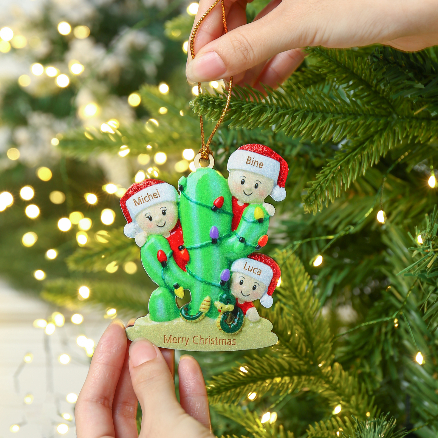 Navidad-Ornamento muñecos navideño de madera cactus 3 nombres y 1 texto personalizados adorno del árbol-Jessemade ES