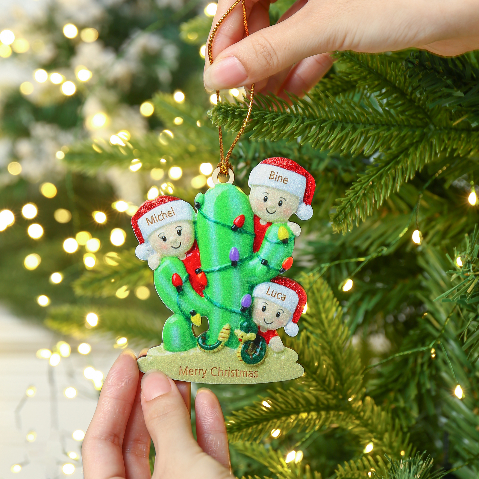 Navidad-Ornamento muñecos navideño de madera cactus 3 nombres y 1 texto personalizados adorno del árbol-Jessemade ES