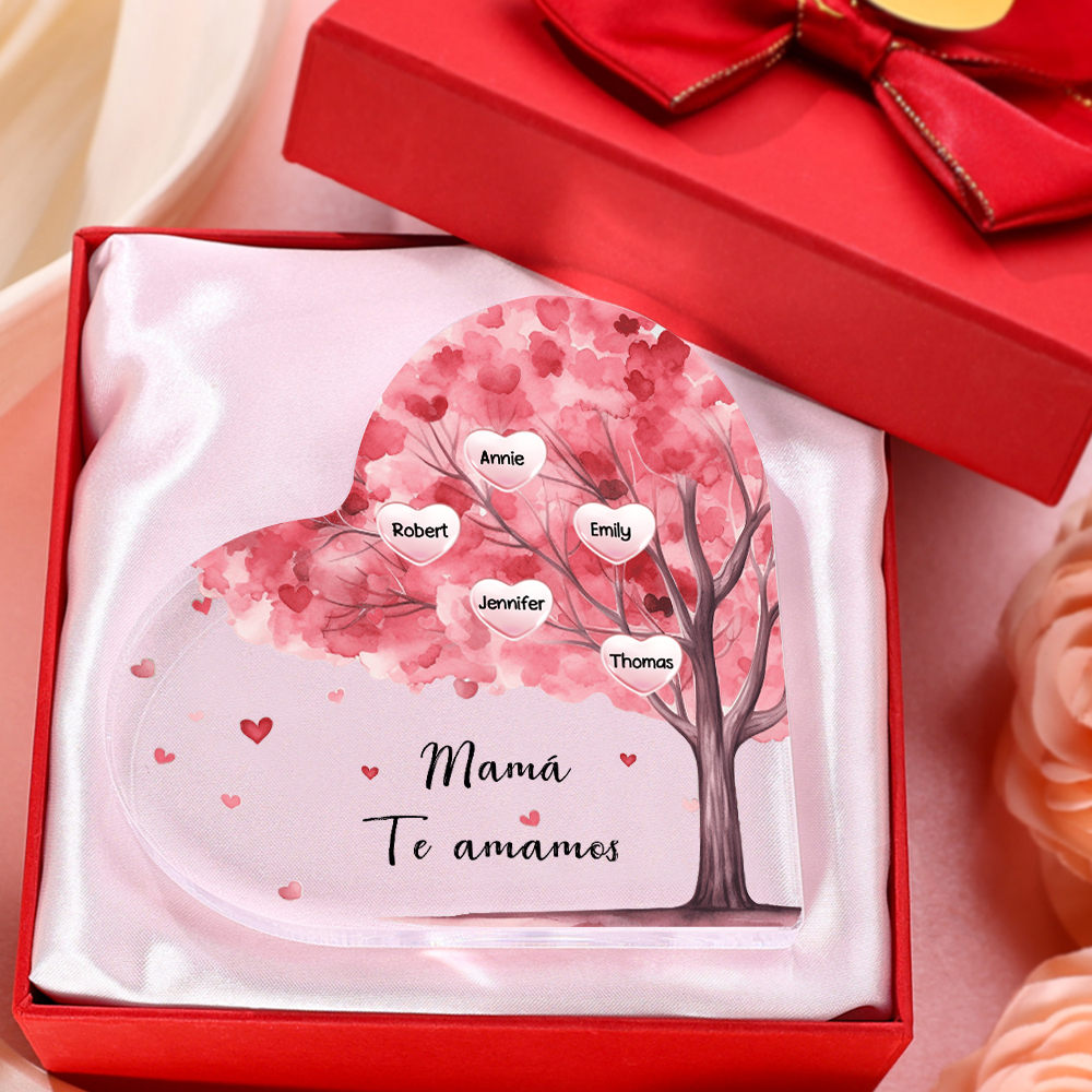 A mi mamá/abuela-Placa de acrílico "Árbol" en forma de corazón 5 nombres y 1 texto personalizados-Jessemade ES