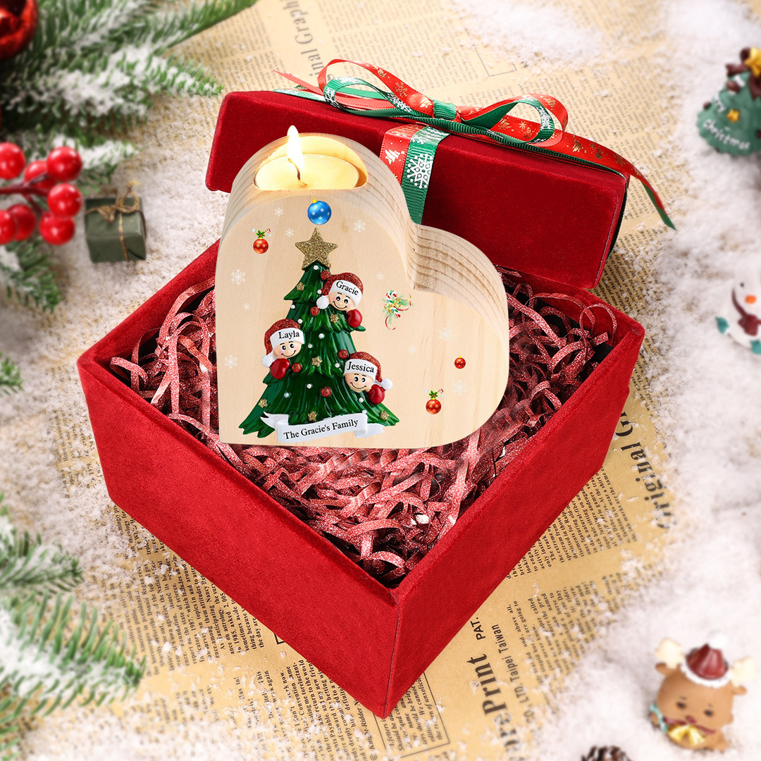 Navidad - Candelero de corazón de madera árbol de familia personalizado con 3 nombres y 1 texto sin vela-Jessemade ES