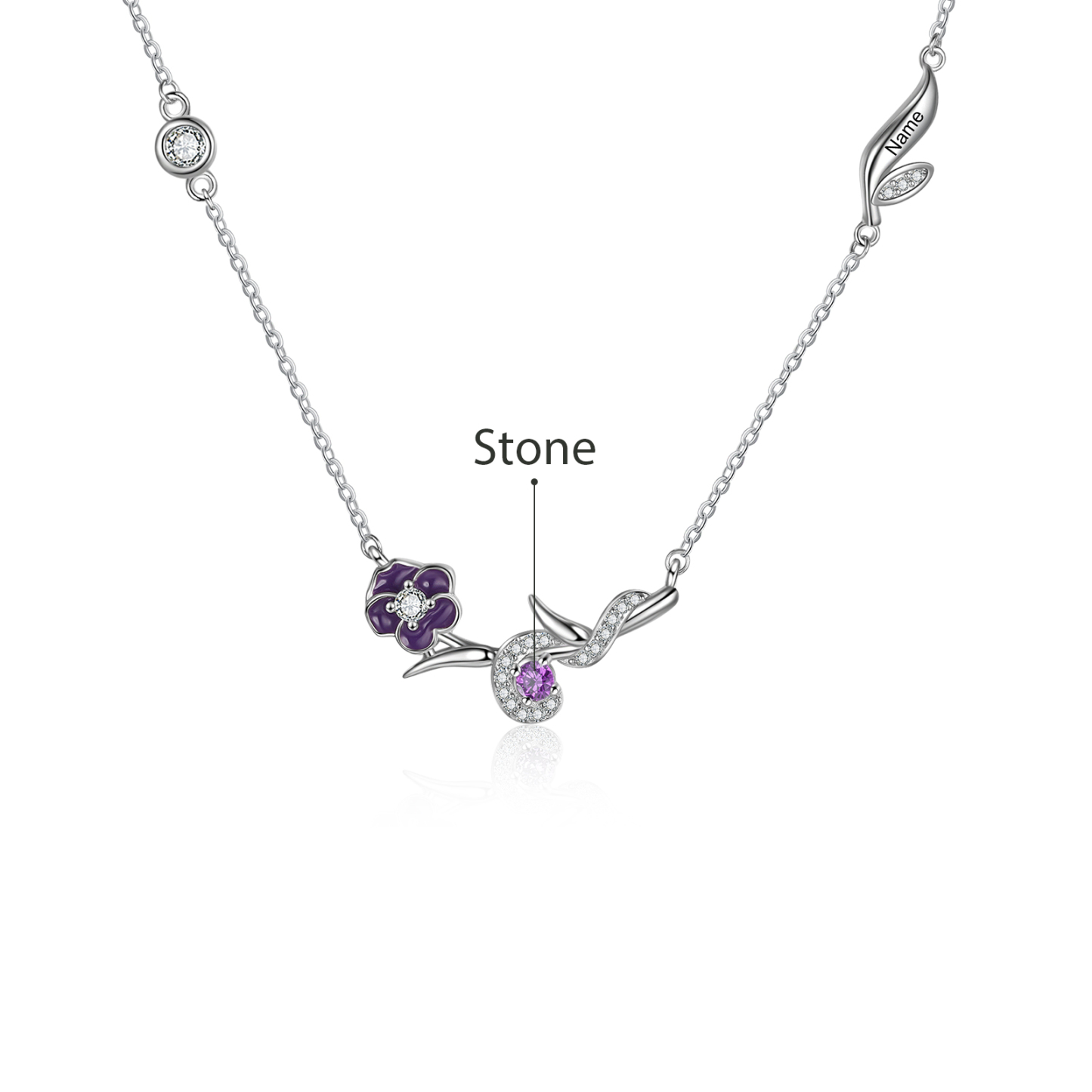 Collar de flor de febrero violeta con nombre personalizado y piedra de nacimiento-Jessemade ES