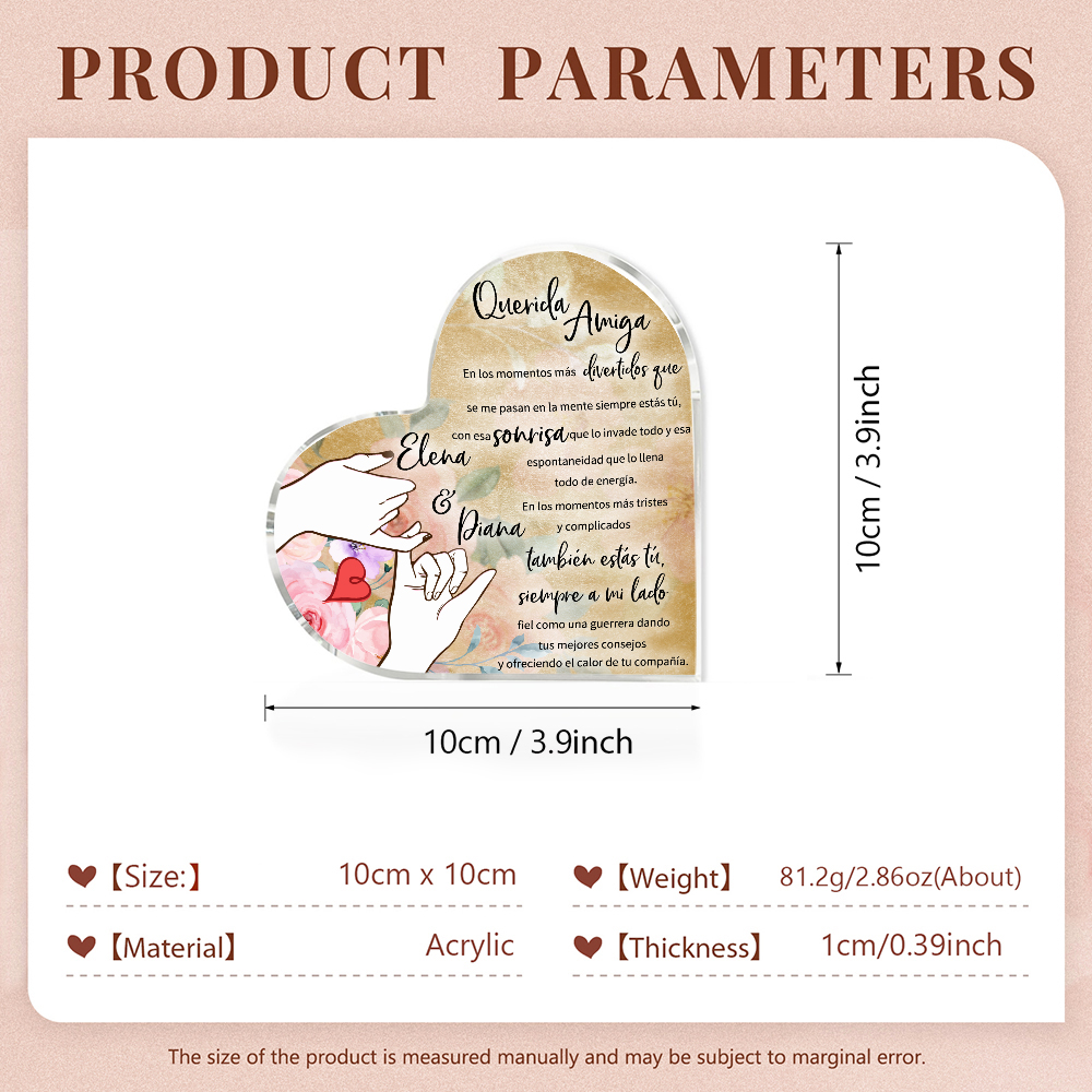Placa de acrílico en forma de corazón para amiga con 2 nombres personalizados-Jessemade ES