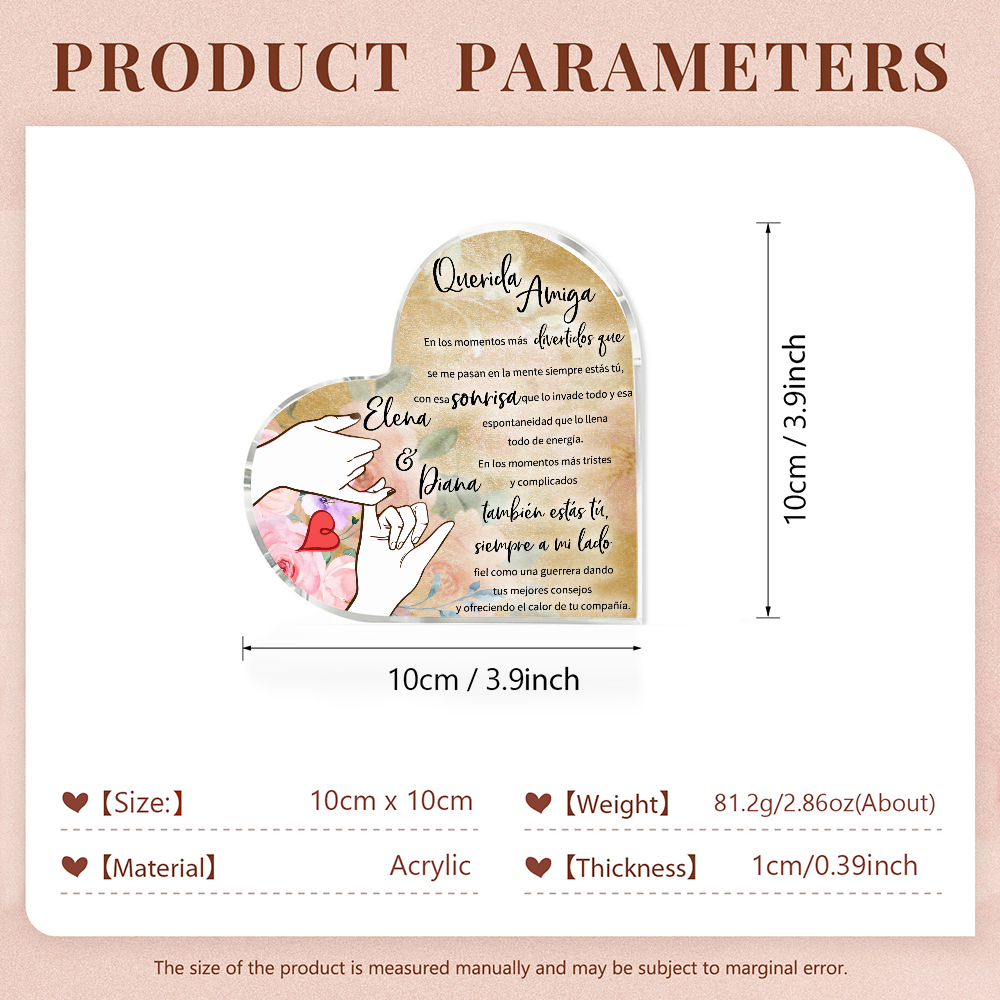 Placa de acrílico en forma de corazón para amiga con 2 nombres personalizados-Jessemade ES
