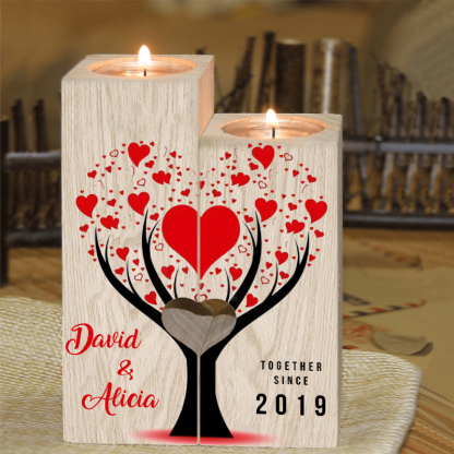 Candelero de árbol de amor para pareja de madera de dos piezas sin candela con 2 nombres y texto personalizados y año-Jessemade ES