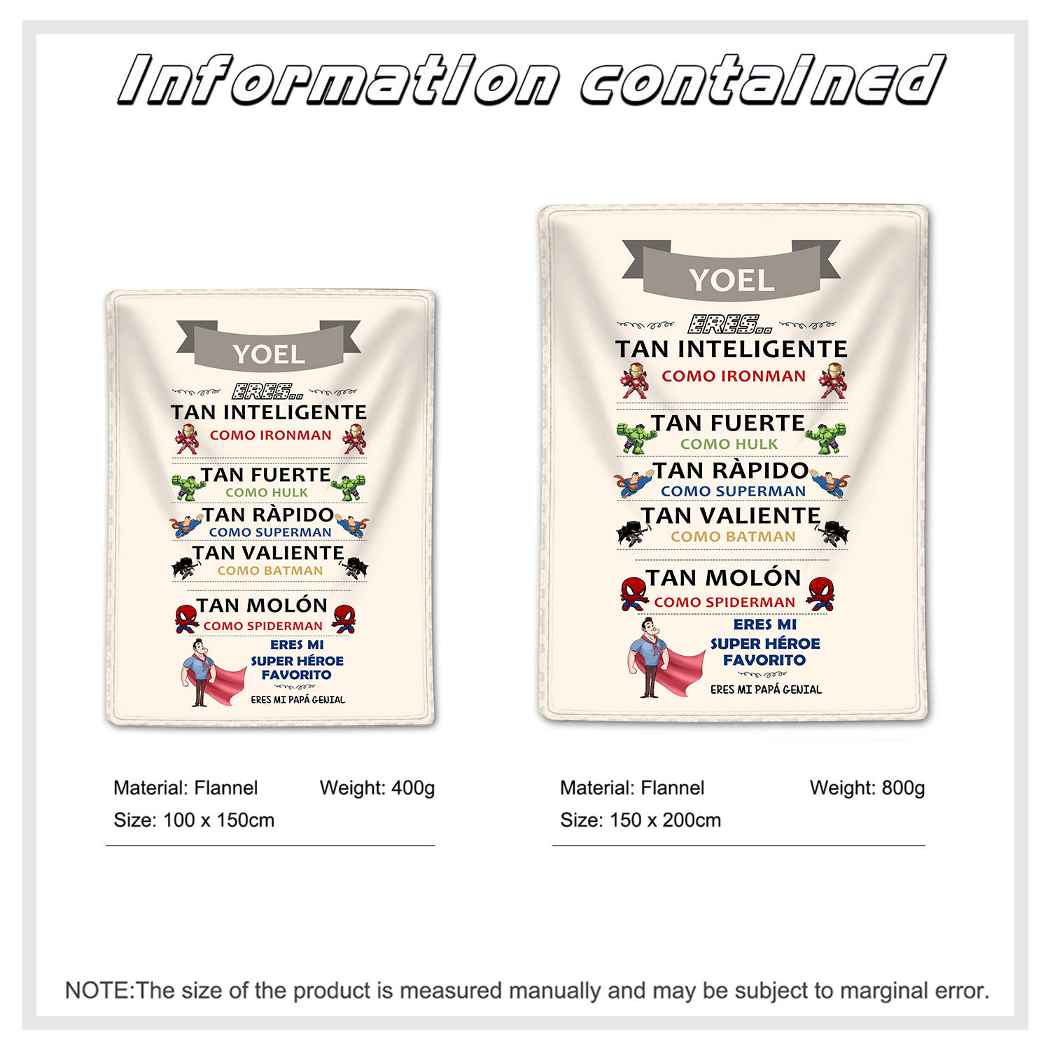 A mi padre-Manta de buen calidad eres mi héroe y personalizada con 1 nombre-Jessemade ES