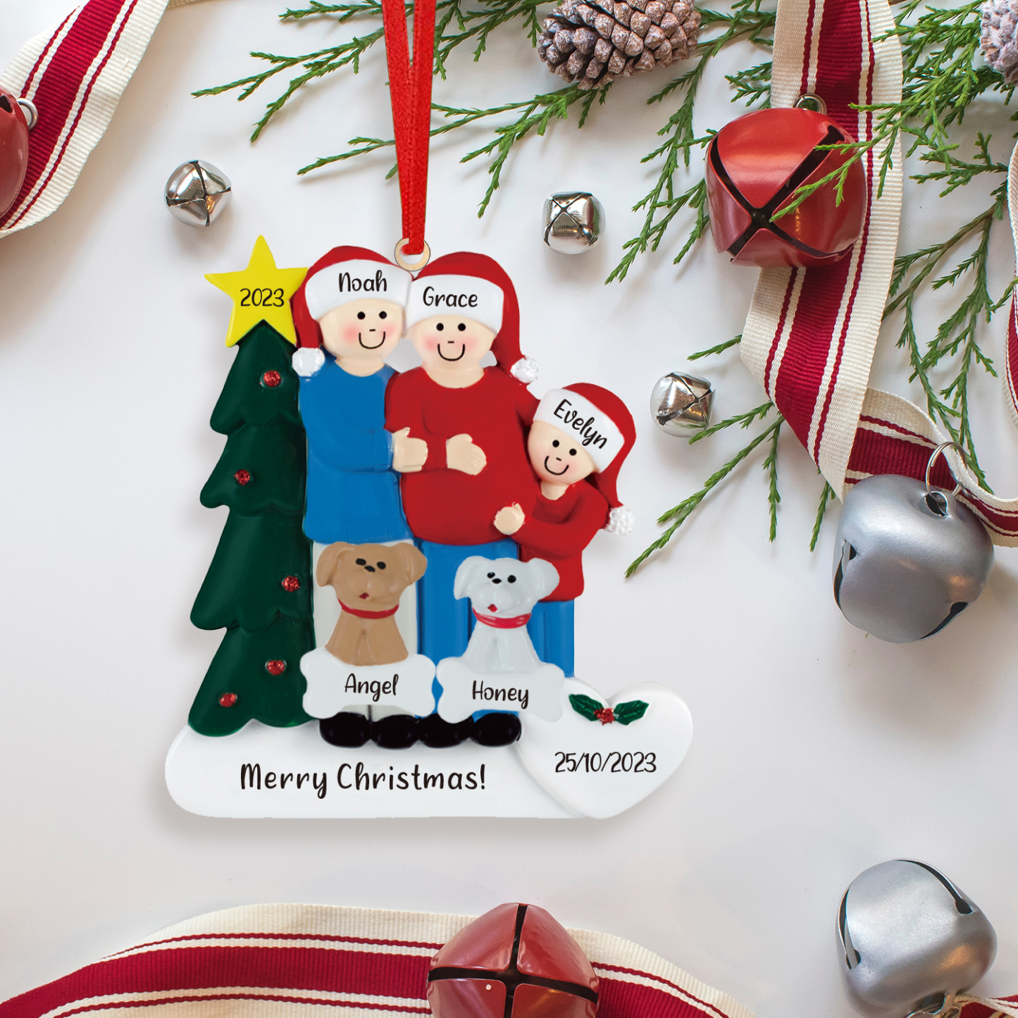 Navidad-Muñecos Ornamentos Navideños de Pareja y peque con 2 Perros 5 Nombres, Año, Fecha y Texto Personalizados Adorno de Madera-Jessemade ES