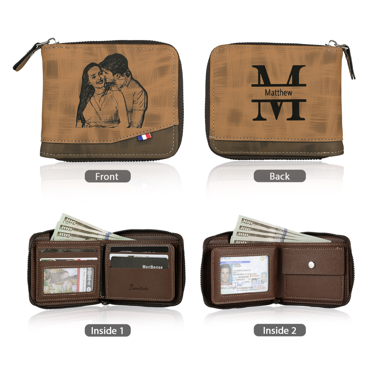 Cartera, billetera personalizada con 1 foto, 1 nombre y 1 letra monedero para hombre-Jessemade ES