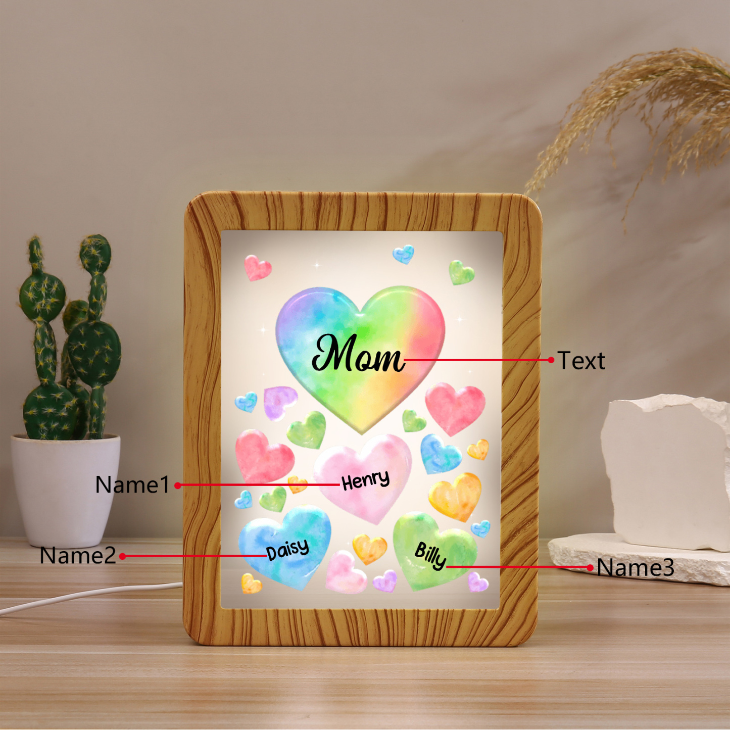 Marco/Espejo con LED Multifuncional Corazones 1-7 Nombres Personalizados con 1 Texto-Jessemade ES
