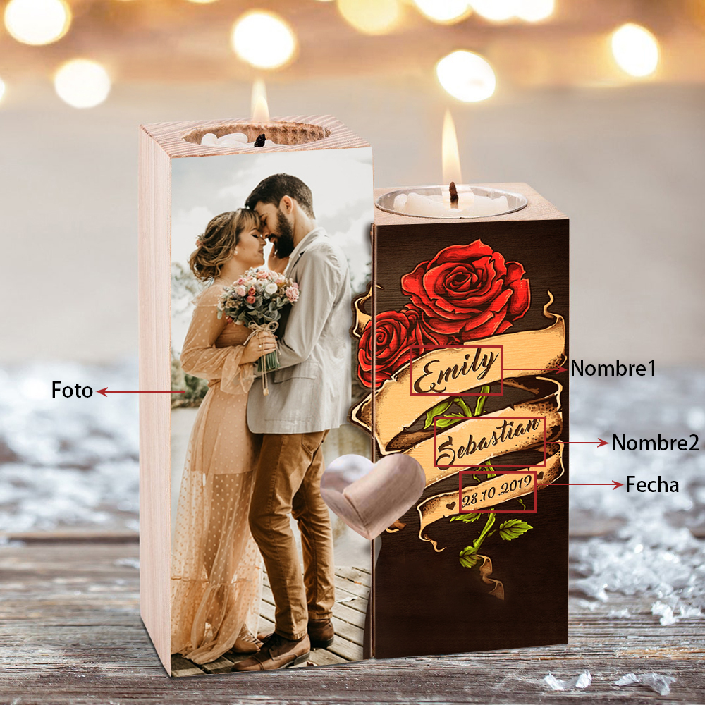 Candelero para pareja de madera de dos piezas sin candela con 2 nombres, fecha y foto personalizados-Jessemade ES