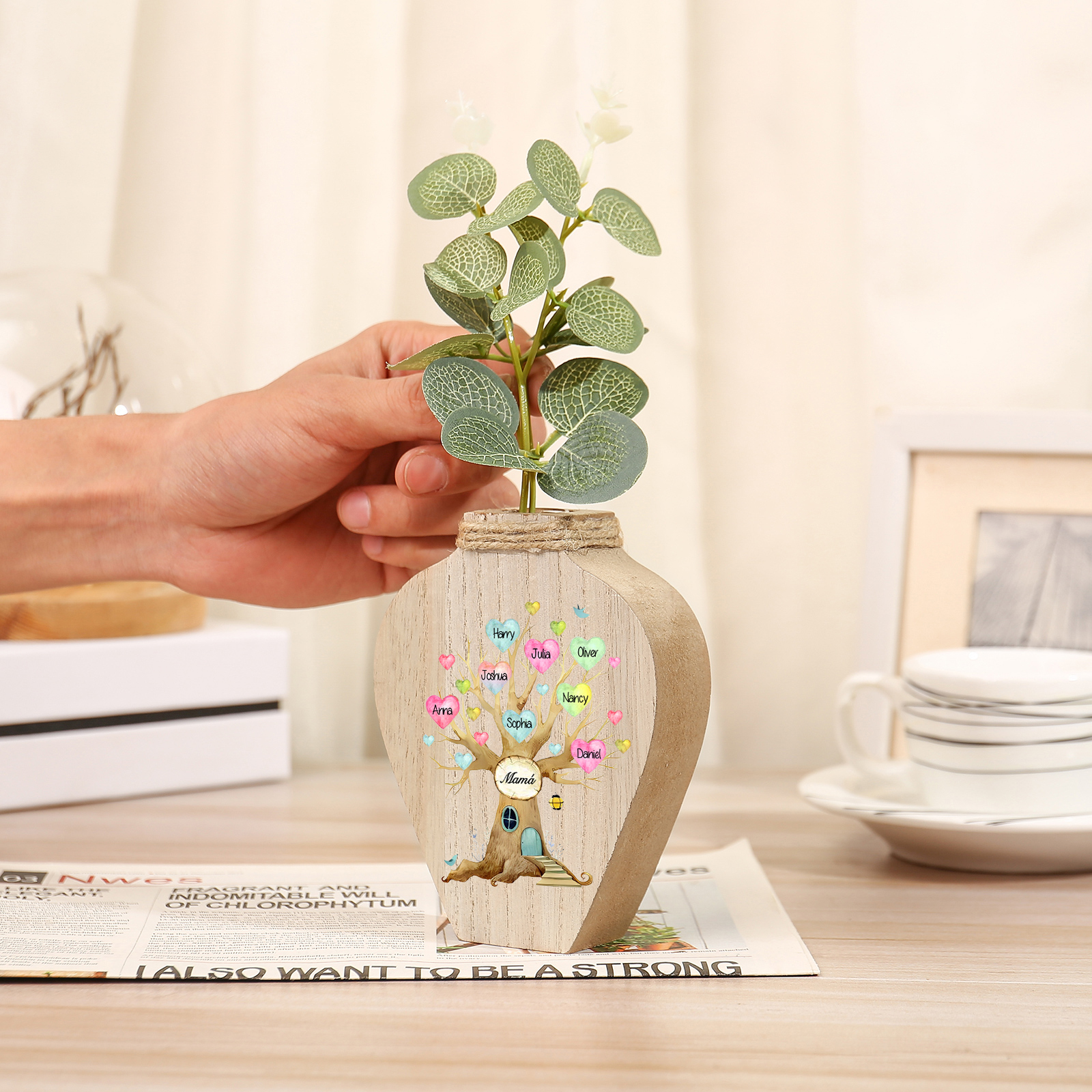 Florero de madera árbol de corazones 8 nombres personalizados con texto decoración del hogar-Jessemade ES