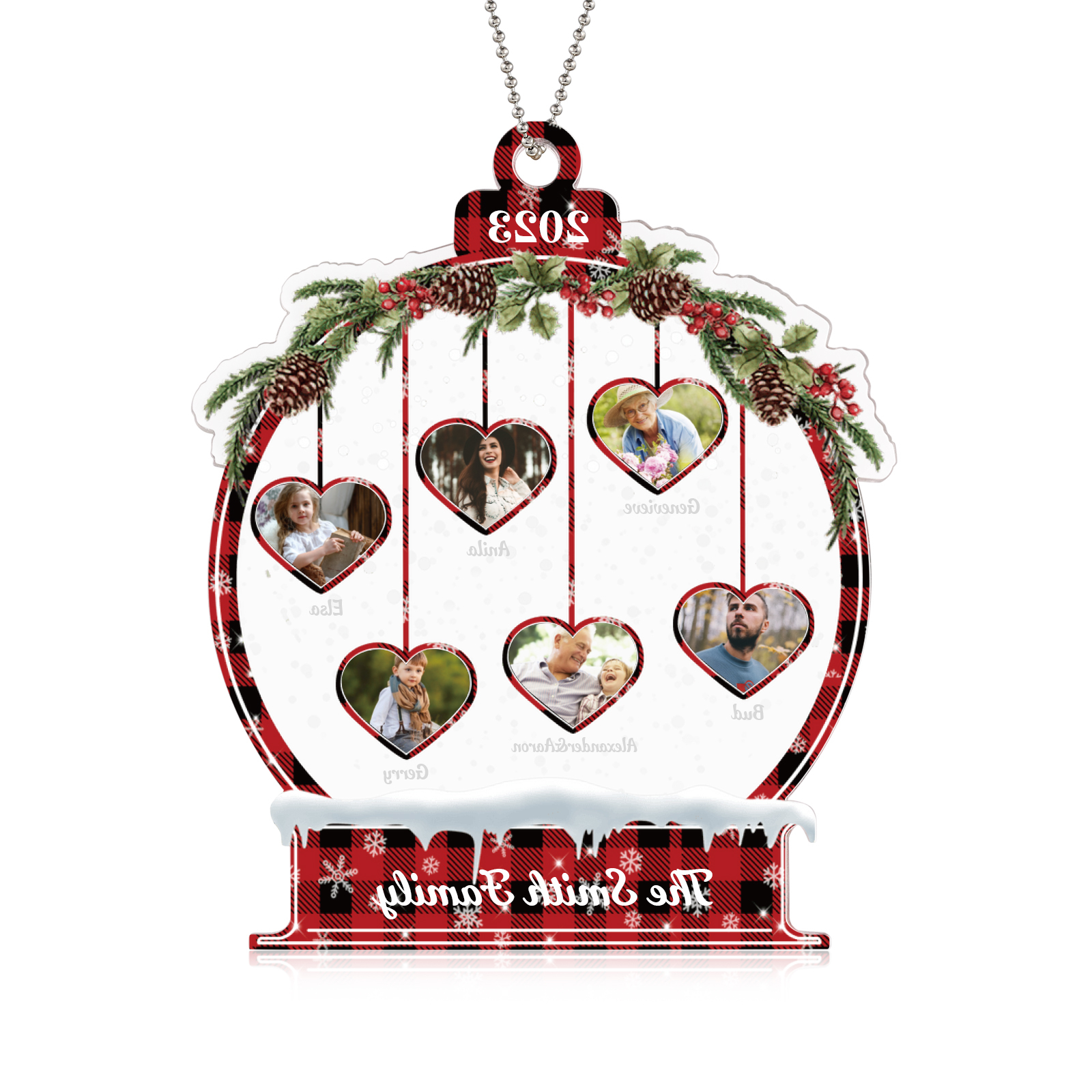 Navidad-Ornamento navideño de acrílico bola de cristal con 6 nombres, 6 fotos y 1 texto personalizados-Jessemade ES