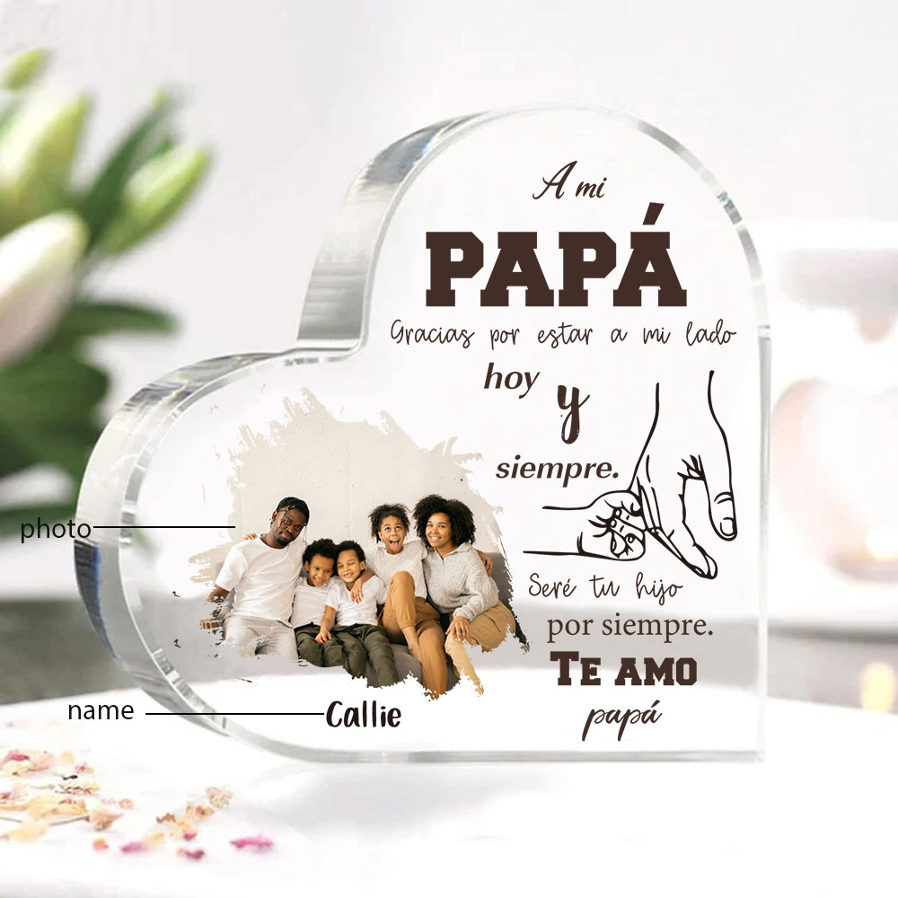 A mi papá-Placa de acrílico en forma de corazón papá e hijo con 1 nombre y 1 foto personalizados-Jessemade ES