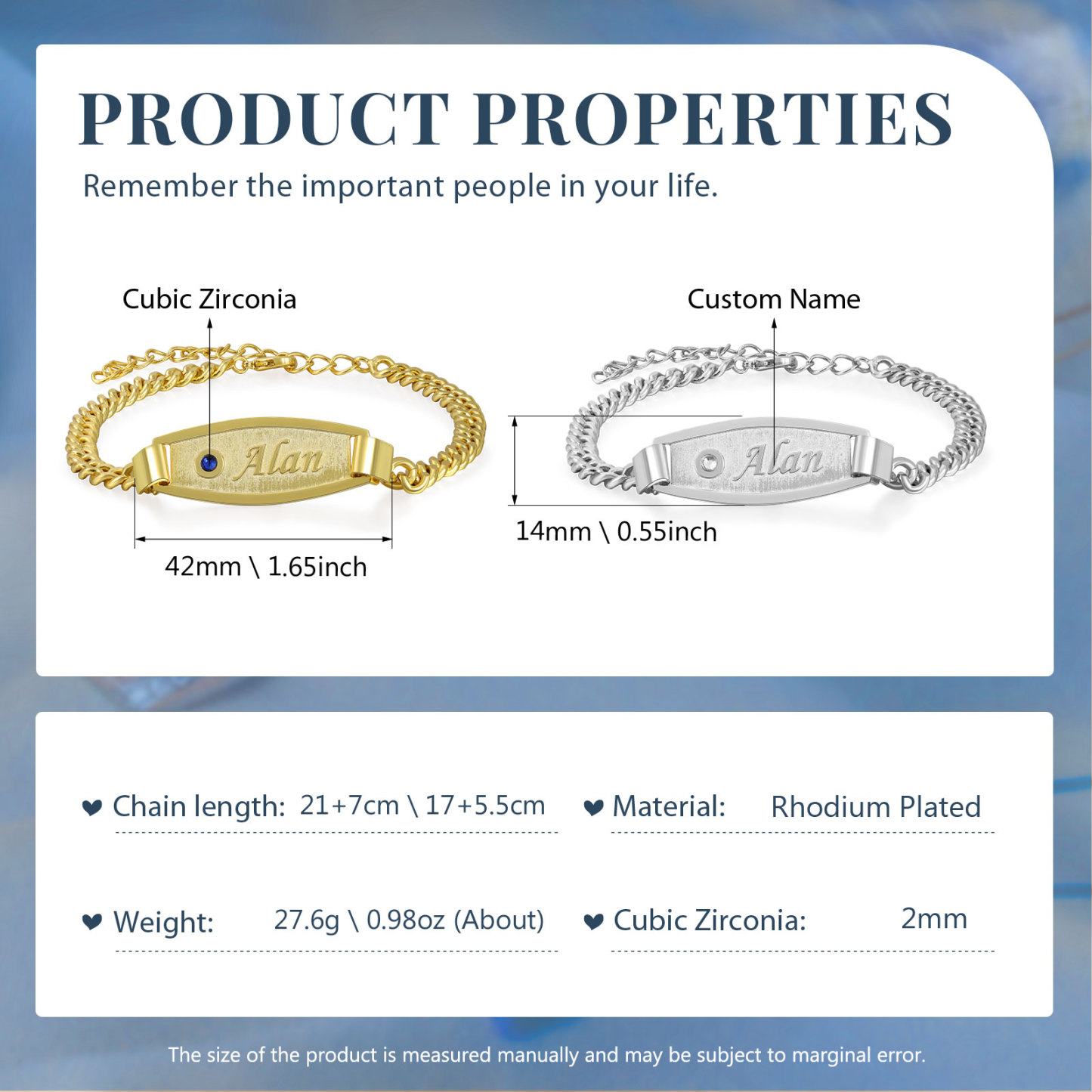 Pulseras de cadena para pareja con placa 2 nombres y 2 piedras personalizados-Jessemade ES