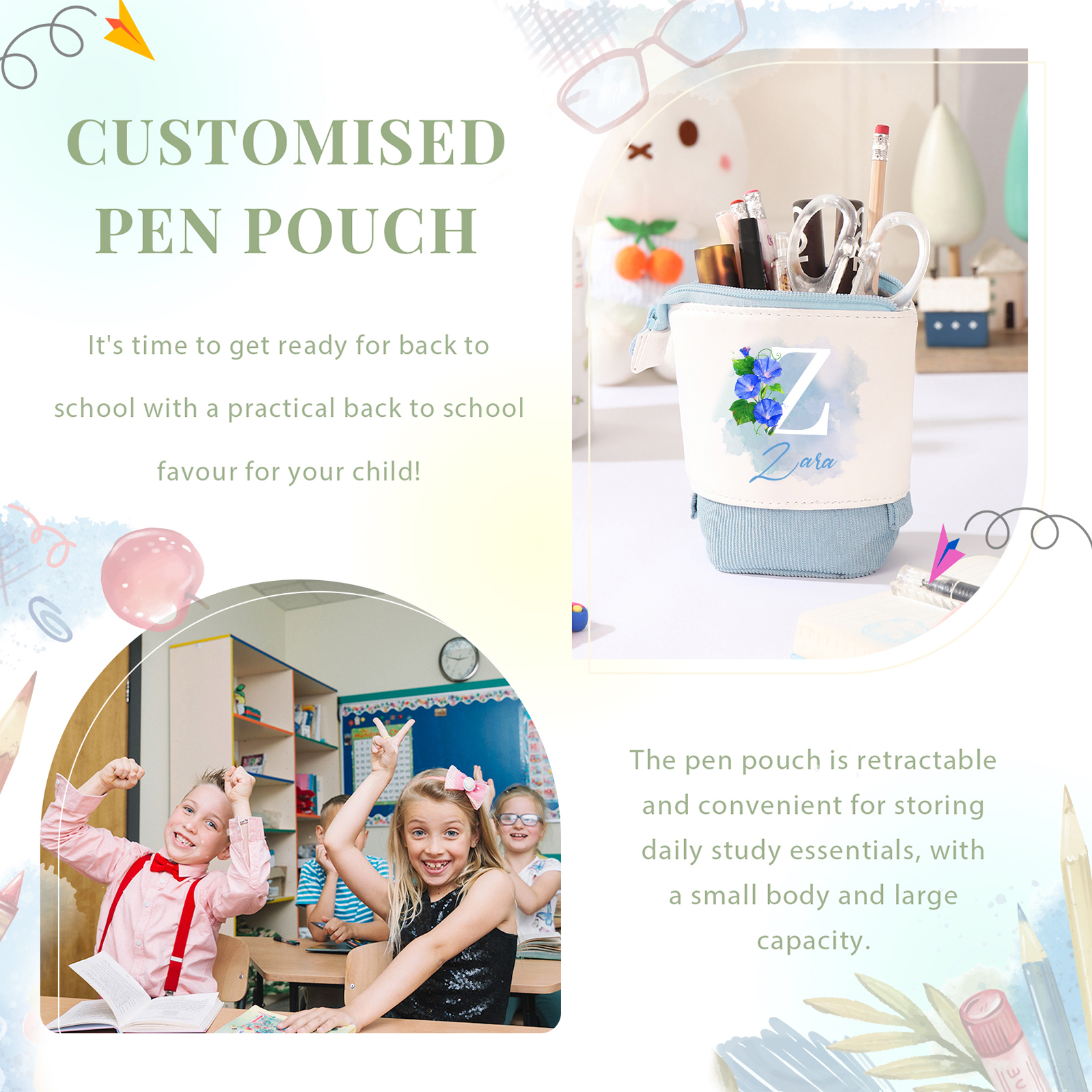 Estuche personalizado con nombre, letra y flor de nacimiento con diseños coloridos para niños