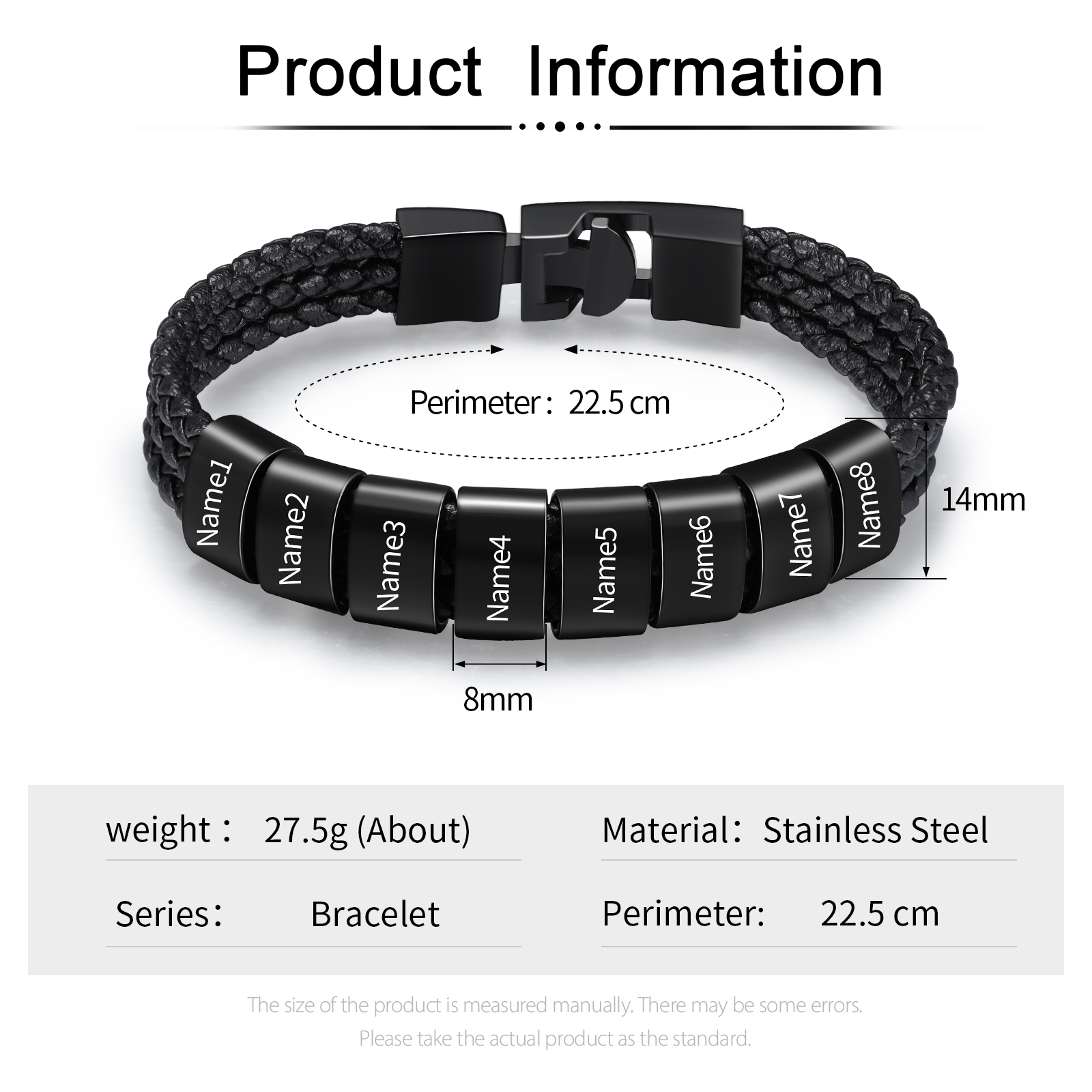 Pulsera de tres cueros trenzados 8 aros con 8 nombres personalizados pulsera de hombre-Jessemade ES