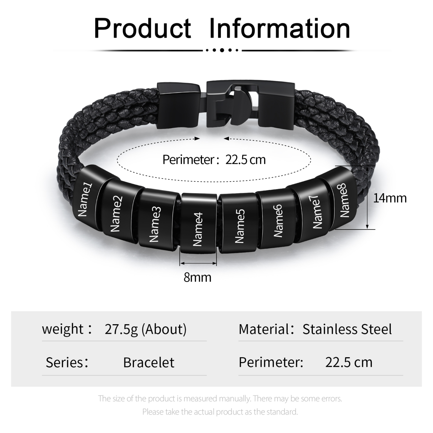 Pulsera de tres cueros trenzados 8 aros con 8 nombres personalizados pulsera de hombre-Jessemade ES