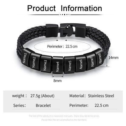 Pulsera de tres cueros trenzados 8 aros con 8 nombres personalizados pulsera de hombre-Jessemade ES