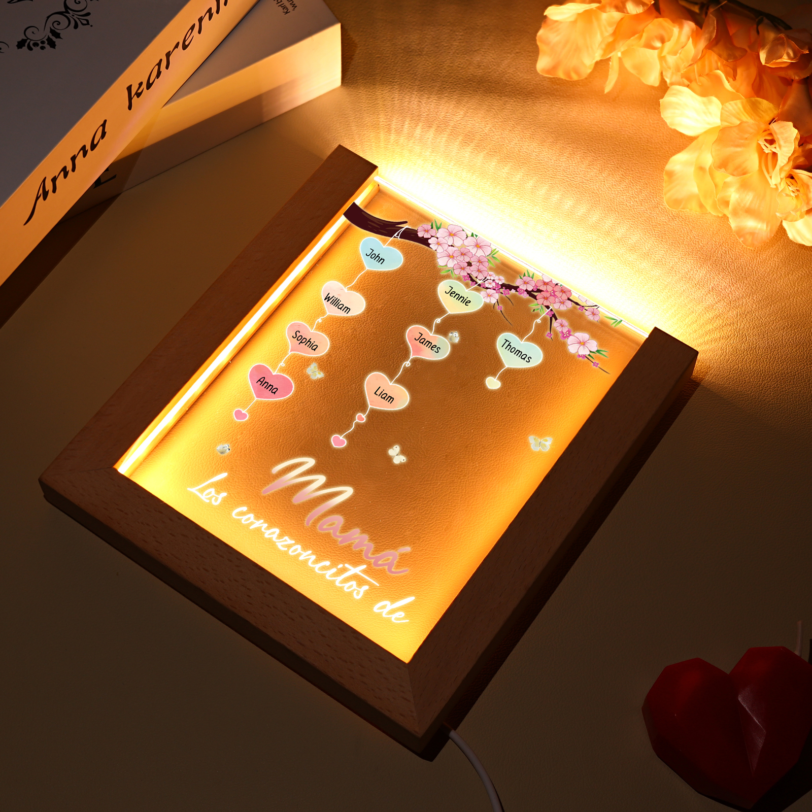 A mi mamá/abuela-Lámpara Personalizada con 2-8 Nombres y Texto "árbol y corazones" 3D Ilusión Luz de Noche-Jessemade ES