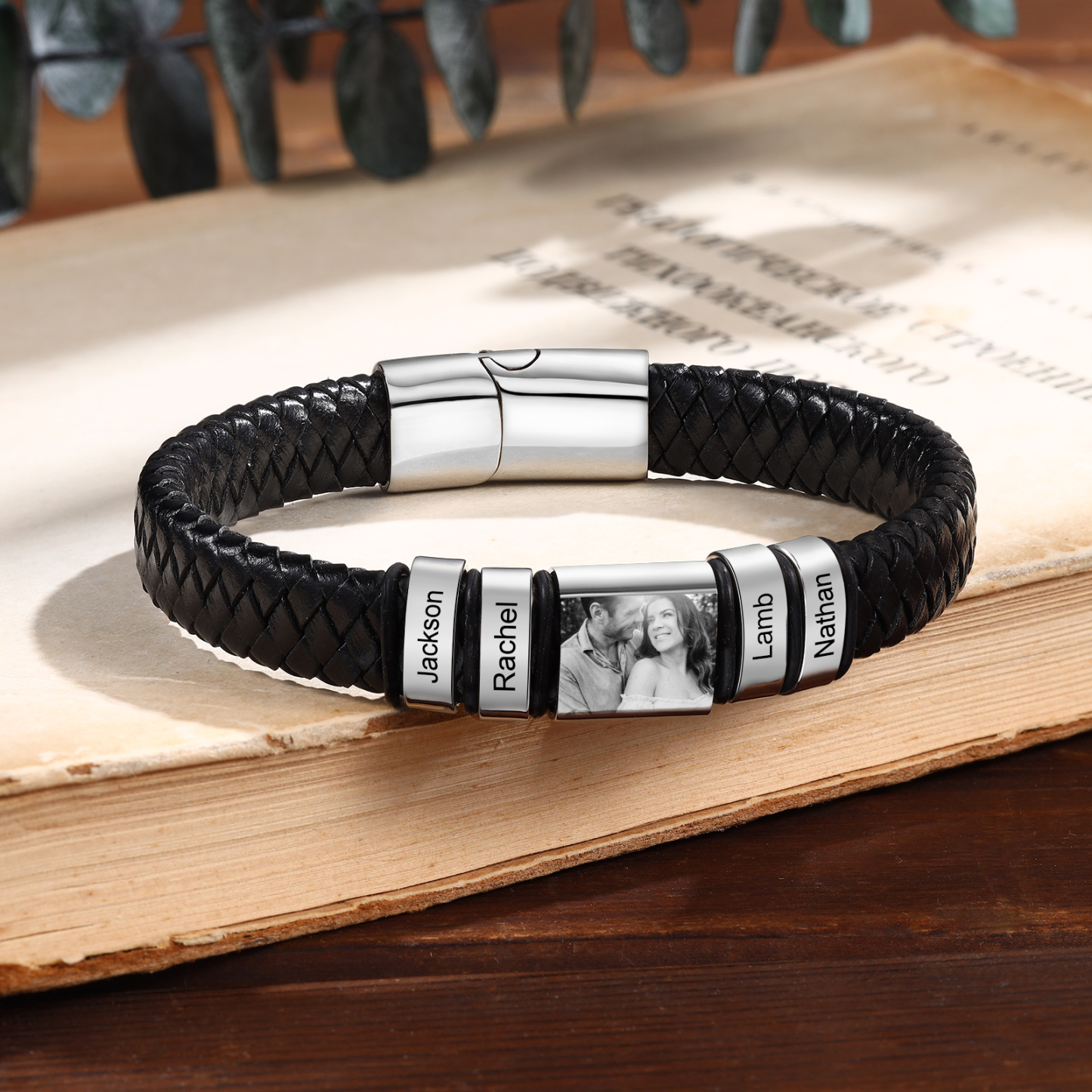 Pulsera de Cueros Trenzados Aros Personalizados de 2-5 Nombres y Placa de Foto-Jessemade ES