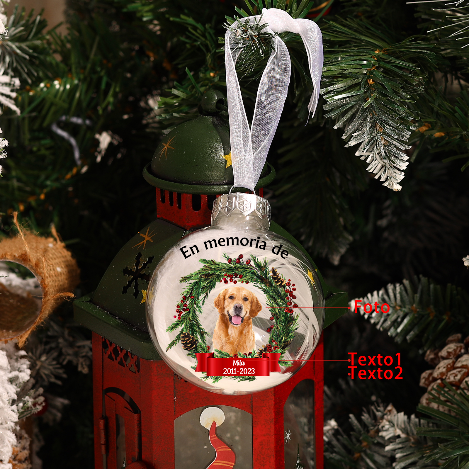 Bola navideña conmemorativa Adorno de Navidad 1 nombre, fecha y 1 foto personalizados con pluma -Jessemade ES