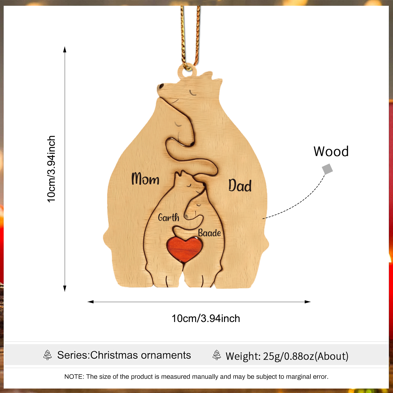 Navidad-Ornamento muñecos navideño de madera familia de canguros 4 nombres personalizados adorno del árbol-Jessemade ES