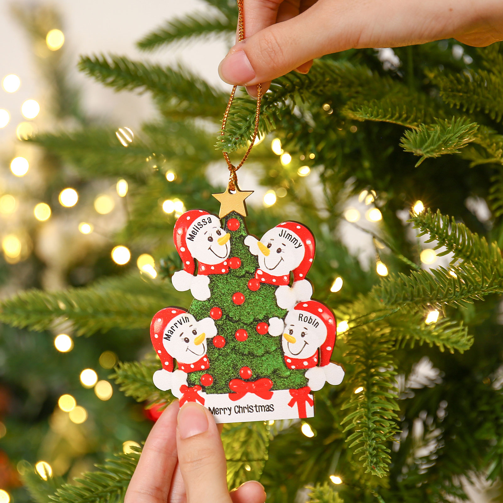 Navidad-Ornamentos Navideños de Madera Árbol y muñecos de nieve 4 Nombres con Texto Personalizados