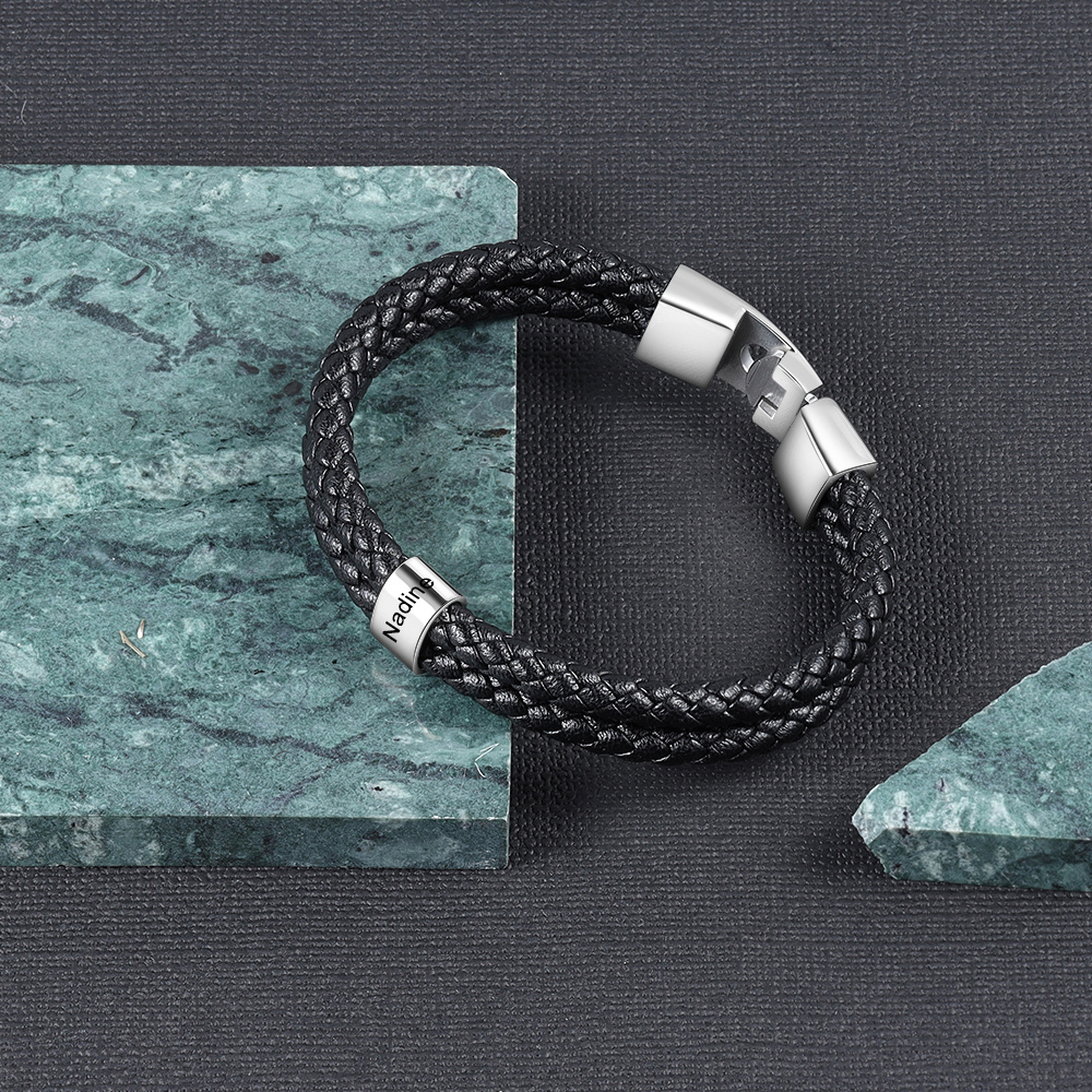 Pulsera 1-8 Nombres Personalizados de Cuero Trenzado con Aros-Jessemade ES