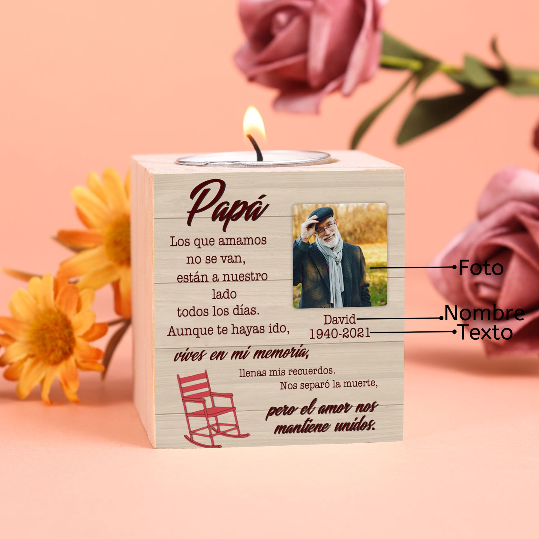 Papá-Candelero en memoria de ser querido personalizado con nombre, foto y años de madera sin vela-Jessemade ES