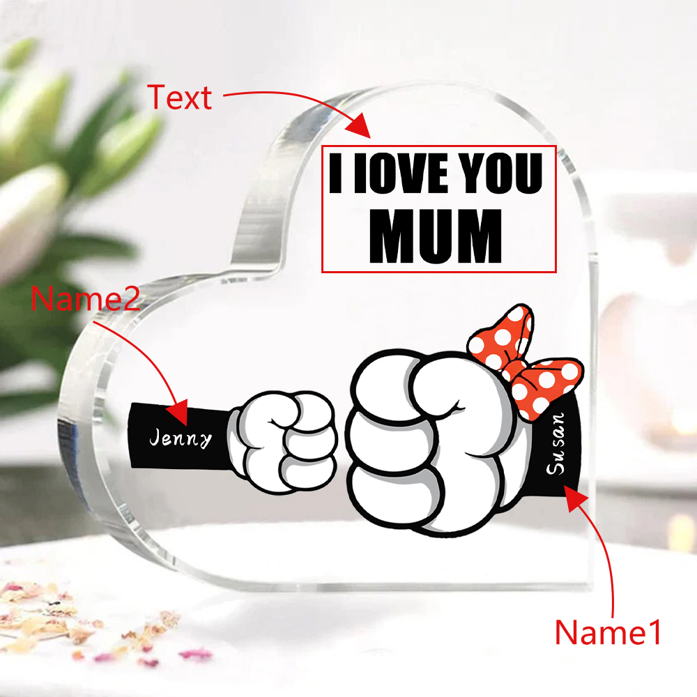 A mi mamá/abuela-Placa de acrílico "Puños" en forma de corazón 2 nombres y 1 texto personalizados-Jessemade ES