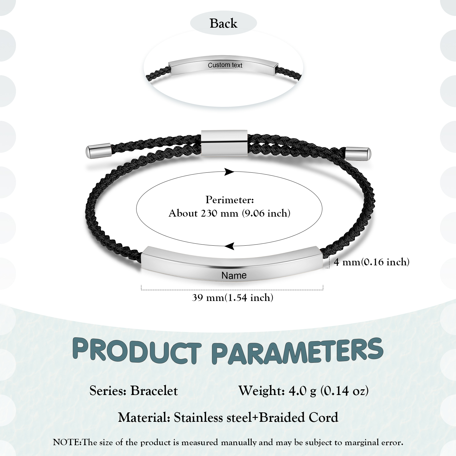 Pulsera de cuerda tejida a mano con nombre y texto personalizados seis colores placa plateada