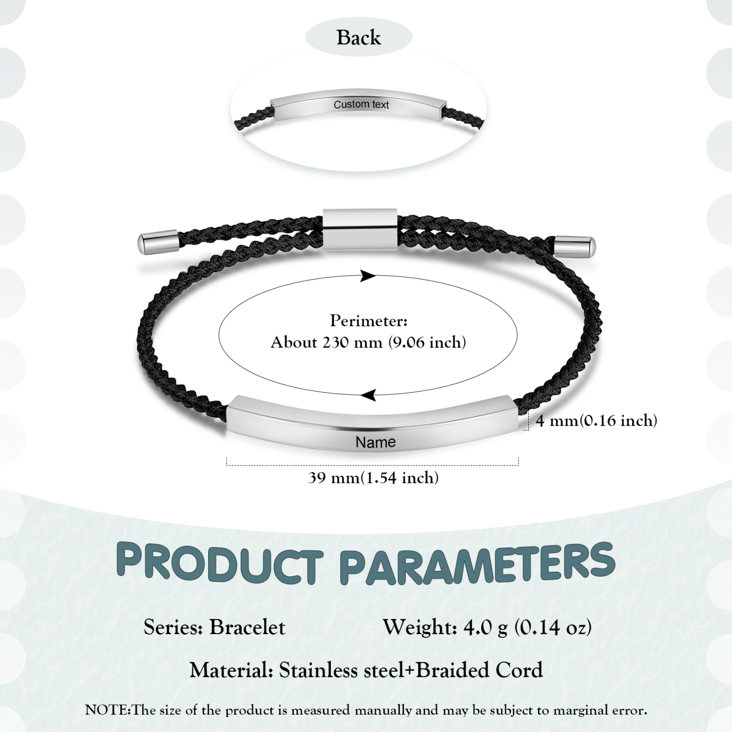 Pulsera de cuerda tejida a mano con nombre y texto personalizados seis colores placa plateada